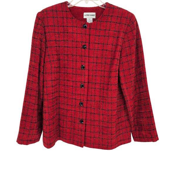 Alfred Dunner Vintage Red Metallic Black Knit Plaid Button Up Blazer Jacket 12 - Picture 1 of 6